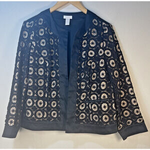 Chico's 1 chicos medium Blazer Jacket Black open Crochet Overlay Front career